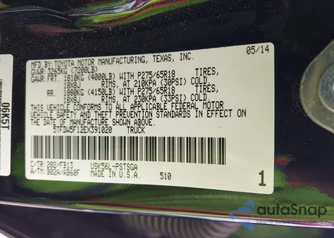 2014 Toyota Tundra Sr5 5.7L V8 from USA, damaged, VIN 5TFDW5F12EX391020